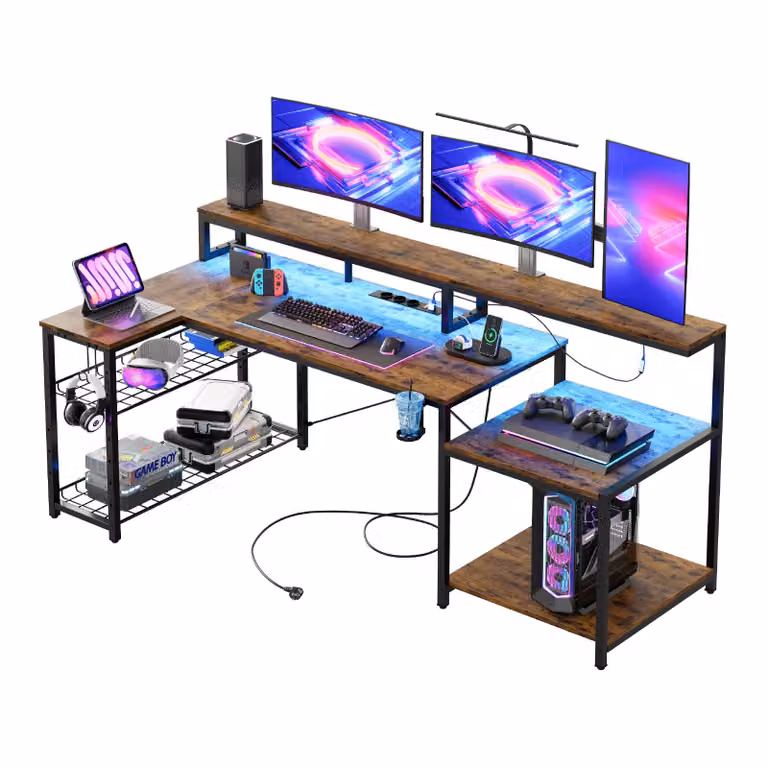 Scrivania da gioco Bestier a forma di L con LED, prese e USB, 181x80 cm, marrone