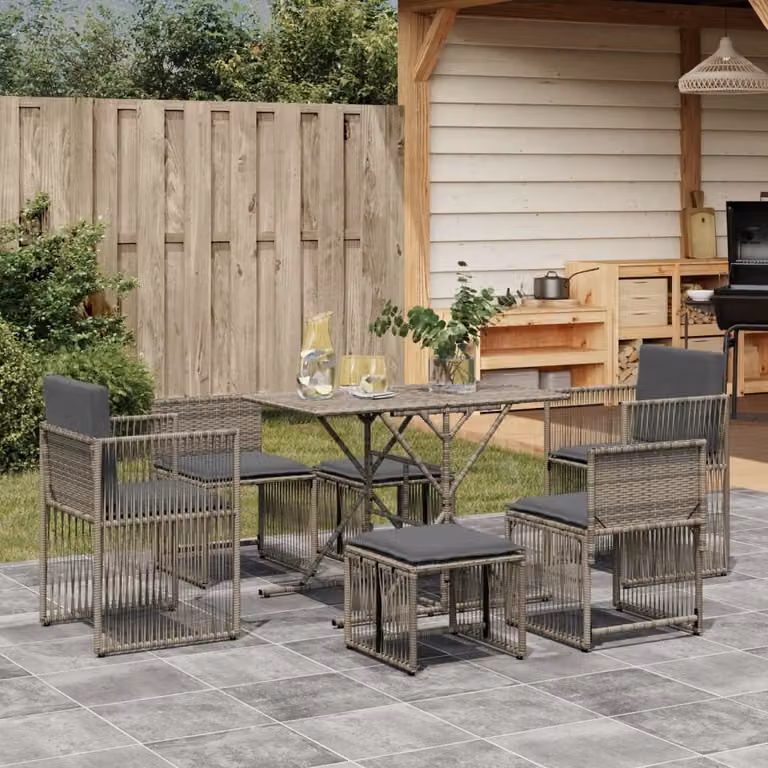 Set da Pranzo da Giardino vidaXL in Polyrattan Grigio con 7 Pezzi e Cuscini