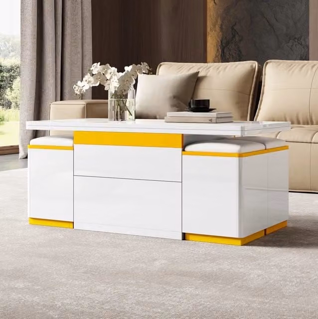 Tavolino elevabile 100x50x43 cm; con 4 sgabelli contenitore; MDF e pannello truciolare; bianco e giallo