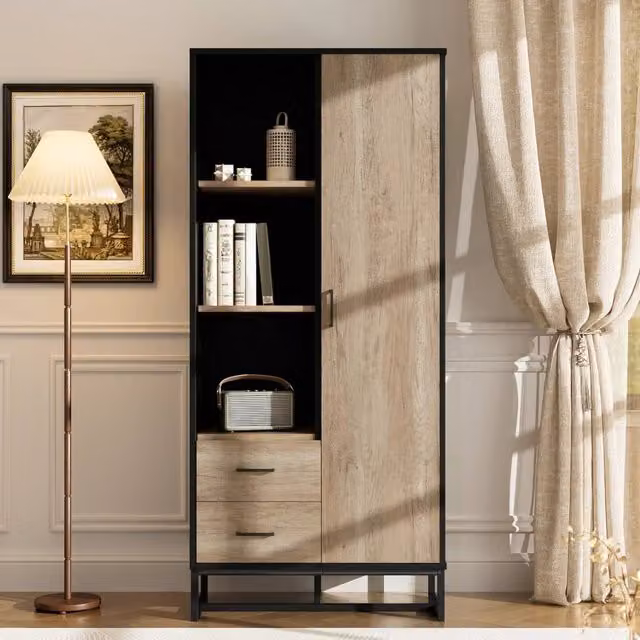 Mobile alto moderno 80x40x180 cm, effetto legno con telaio nero, 1 anta, 2 cassetti e 3 ripiani aperti. Mobile contenitore versatile per soggiorno, ufficio e ingresso