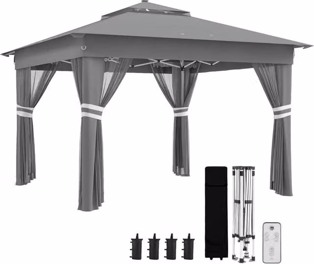 Gazebo da Giardino con Luci LED ¨C Xylo ¨C Acciaio Grigio Altezza Regolabile 336x336x250-270cm