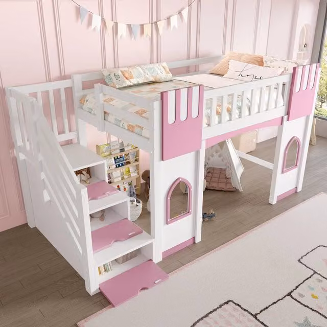 Letto a soppalco per bambini 90 × 200 cm con scala contenitore e finestre, senza materasso, bianco e rosa