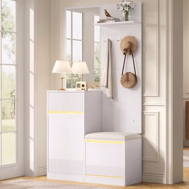 Garderoba moderna con scarpiera; specchio e LED; 105x38x190 cm; bianco