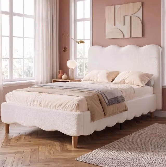 Letto singolo ULEVR 90x200 cm con rete a doghe e testiera imbottita, boucl¨¦ bianco e gambe in legno massello