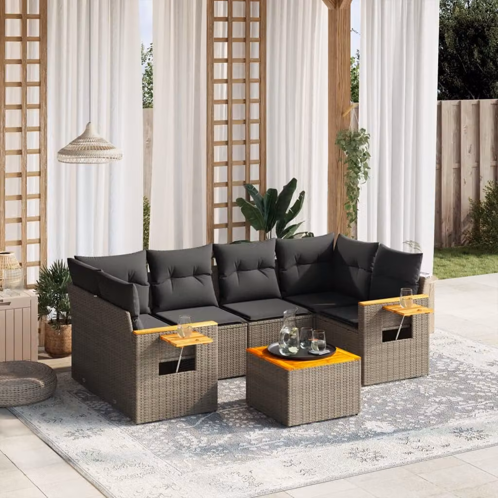 Set Divani da Giardino vidaXL 7 pz in Polyrattan Grigio con Cuscini e Tavolino da Esterno a Forma di L – 1