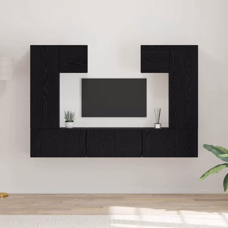 Set mobile TV moderno vidaXL in 7 pezzi Rovere e Nero in legno ingegnerizzato MDF L: 180,0 cm, P: 30,0 cm, H: 60,25 cm
