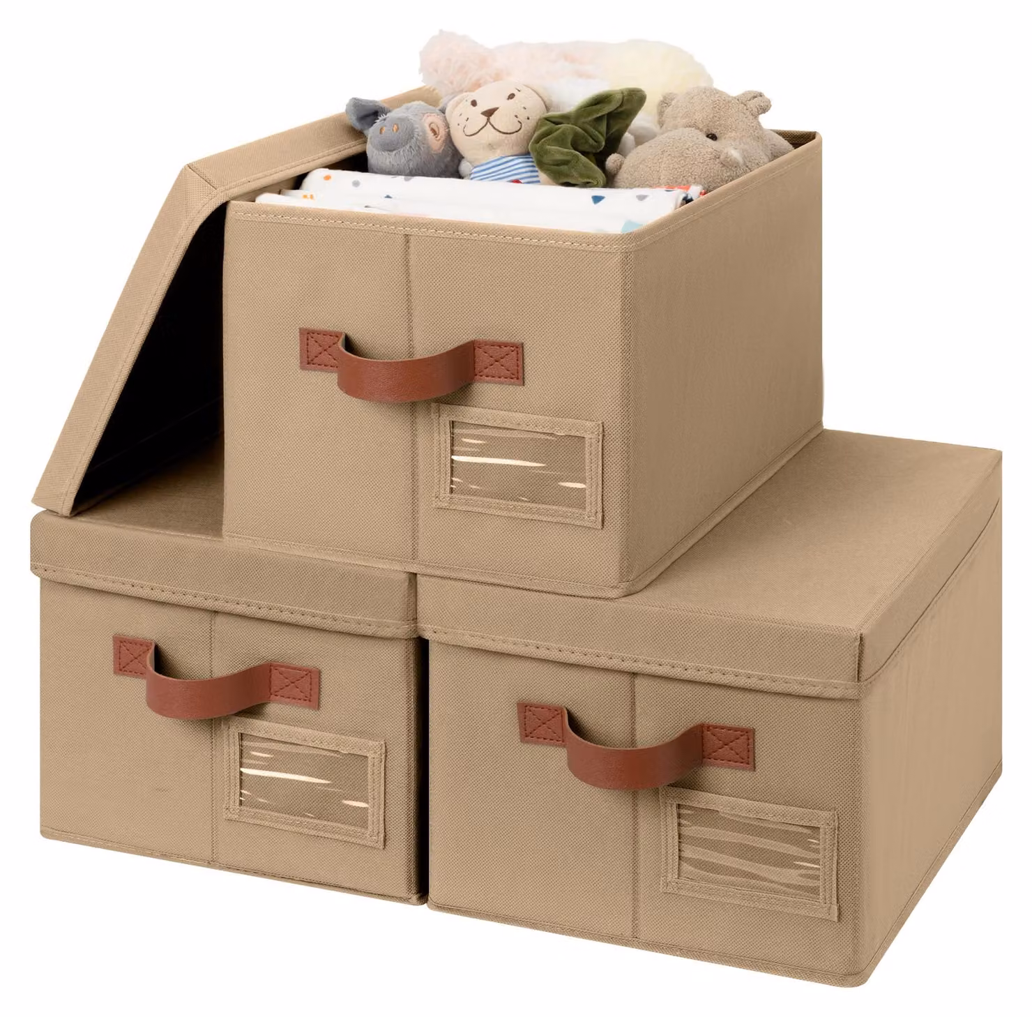 Contenitore con coperchio, 3 pezzi, in tessuto, pieghevole, per armadio, color kaki
