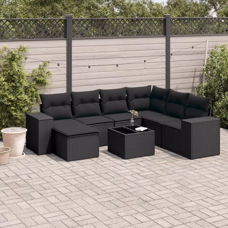 vidaXL Set Divani da Giardino a L con Cuscini 8 pz Nero in Polyrattan e Metallo