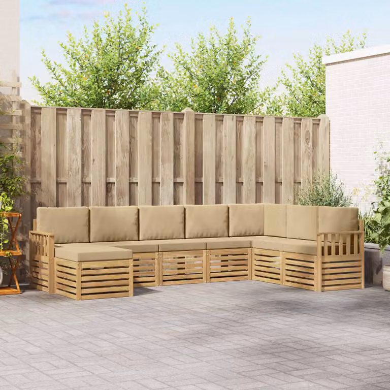 vidaXL Set di divani da esterno a L in legno di acacia con cuscini, Bianco, Beige e Marrone