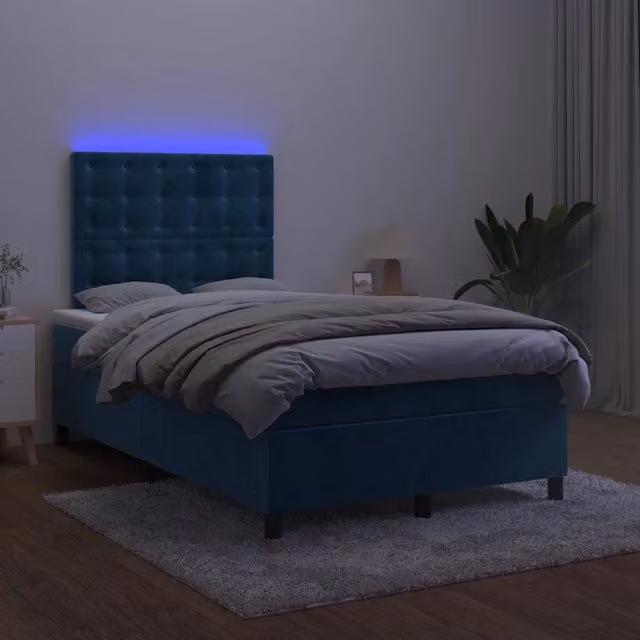 Letto matrimoniale vidaXL in velluto blu scuro con illuminazione LED sottostante e porta USB, struttura in legno e materasso ibrido, L/P/H: 123 x 193 x 128 cm
