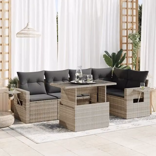 Set Divano da Giardino a L vidaXL 6 Pezzi con Cuscini Grigio Chiaro in Polyrattan e Acciaio
