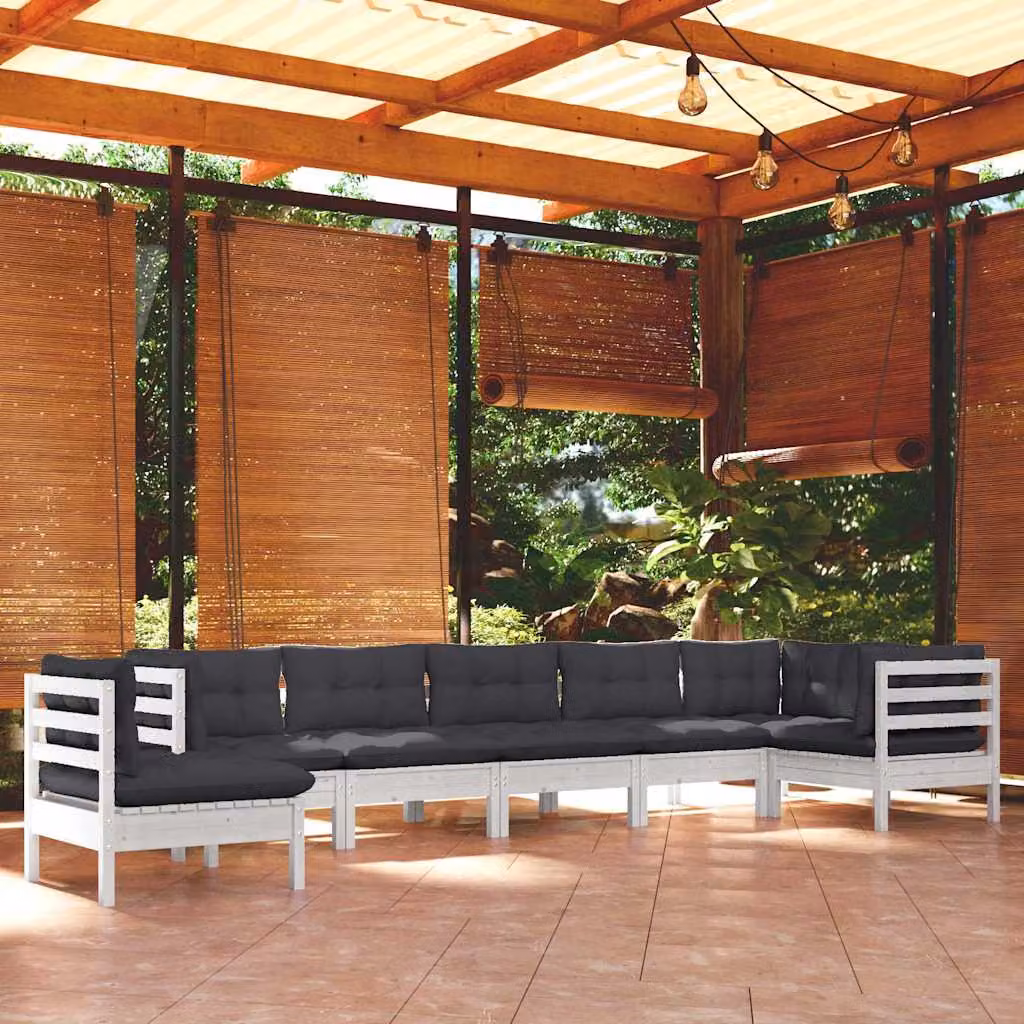 Set di divani da giardino vidaXL a forma di L composto da 8 pezzi in legno di pino trattato con cuscini bianchi e antracite
