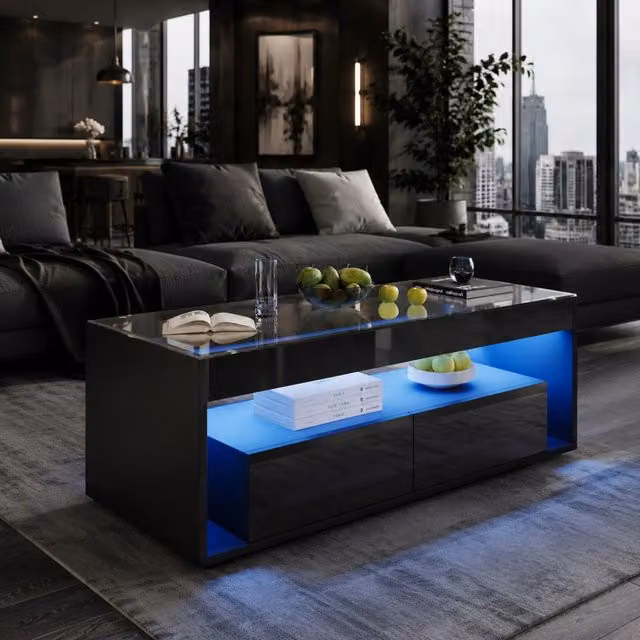 Tavolino da salotto ULEVR 100x50x40 cm con LED controllabile via app, vetro temperato e 2 cassetti, nero