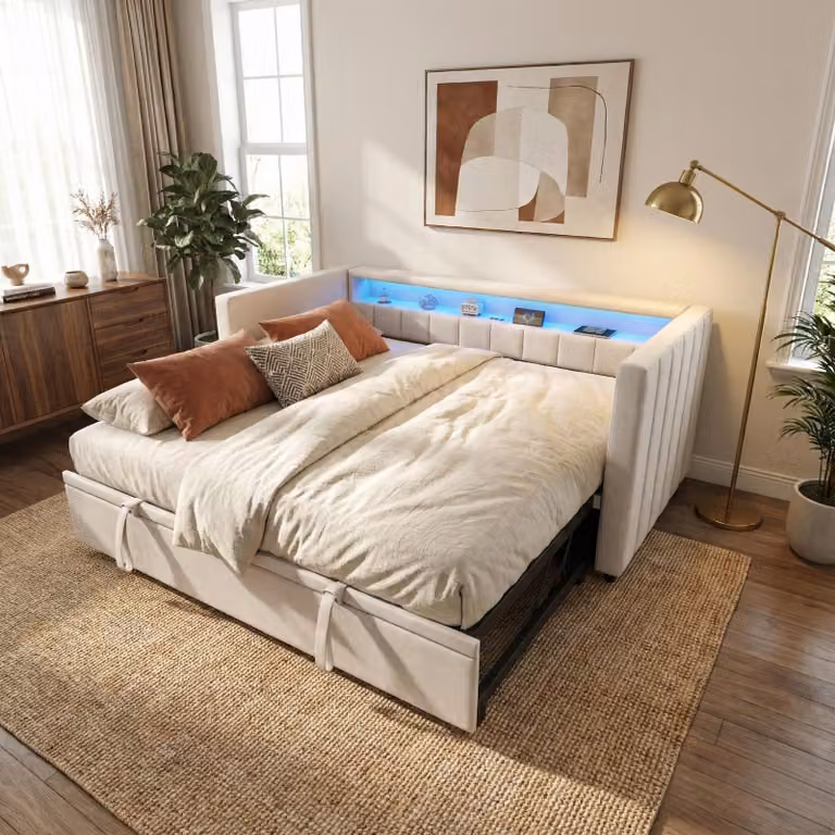 LVHOM daybed allungabile 90/180x190cm con contenitore e LED, divano letto con letto estraibile, daybed in velluto con USB e rete a doghe, daybed, beige