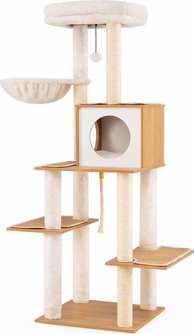 COSTWAY Tiragraffi in legno, 148 cm, tiragraffi con cuccia, pali in sisal, cuscino, cestino, tappeto, piattaforme in corda, tiragraffi naturale+bianco