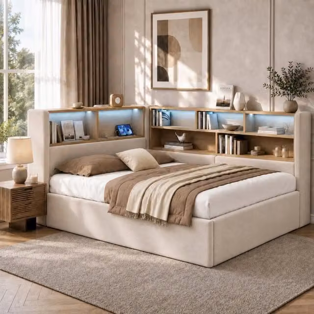 Letto contenitore 90 x 200 cm con contenitore idraulico, LED e USB/USB-C, divano letto in velluto beige con vani aperti su schienale e lato