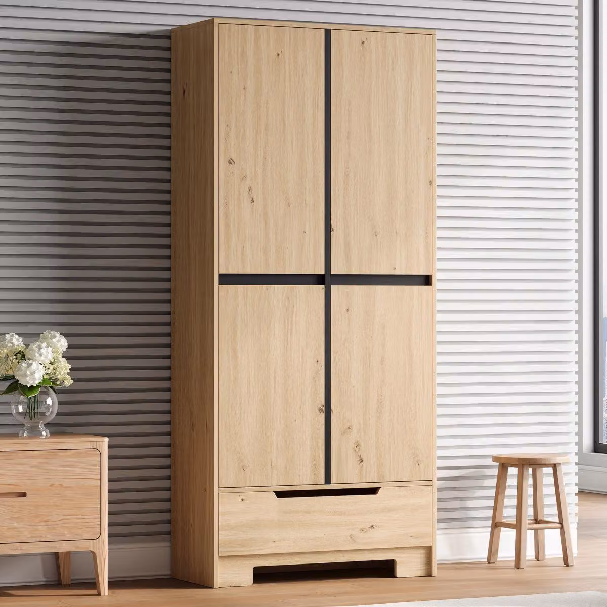 Mobiletto da cucina con ripiani montati a colonna, dispensa con 1 cassetto e ripiani interni, dimensioni 80x35x180 cm, colore naturale