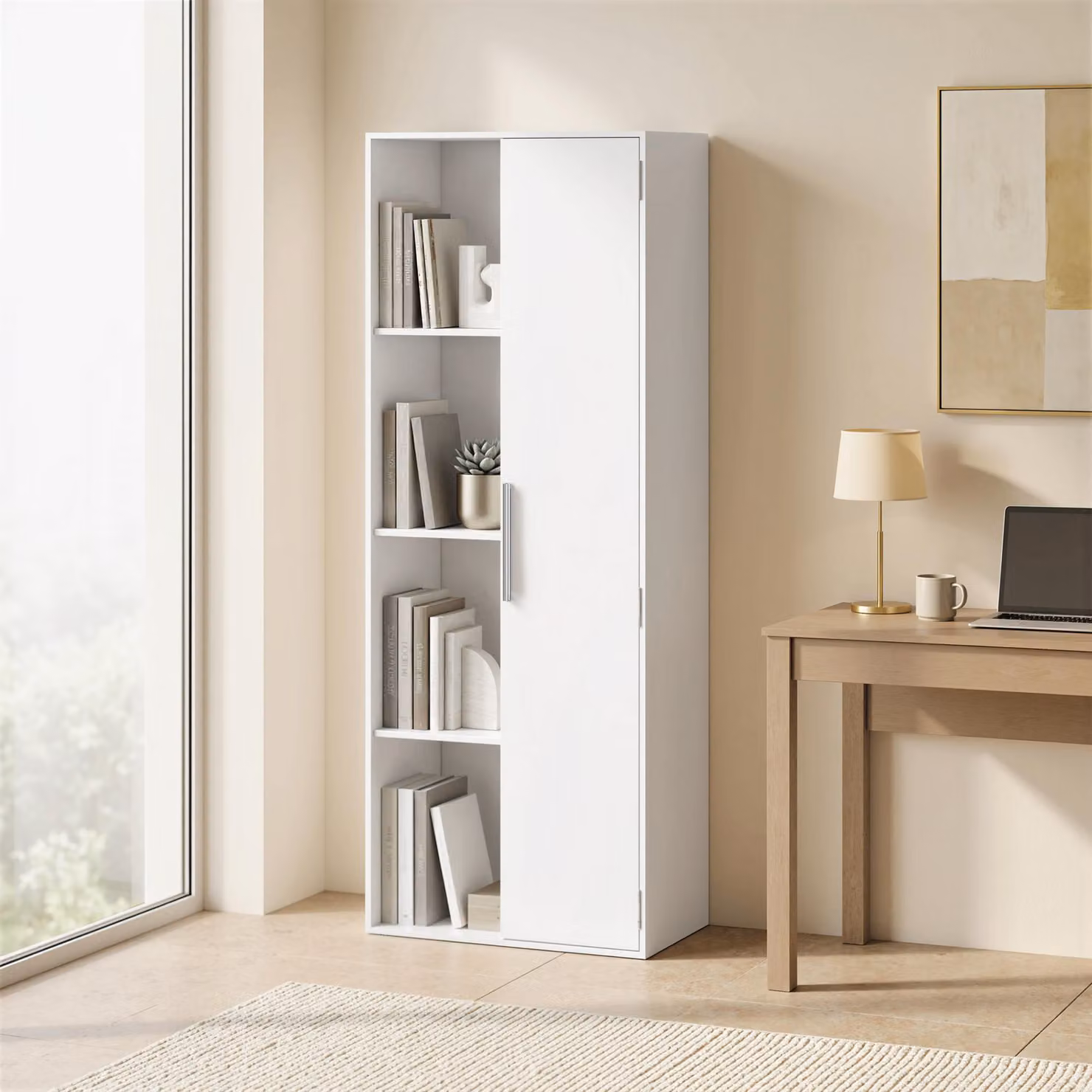 Libreria HOMCOM con 4 ripiani, armadietto e mensole regolabili, Bianco – 2