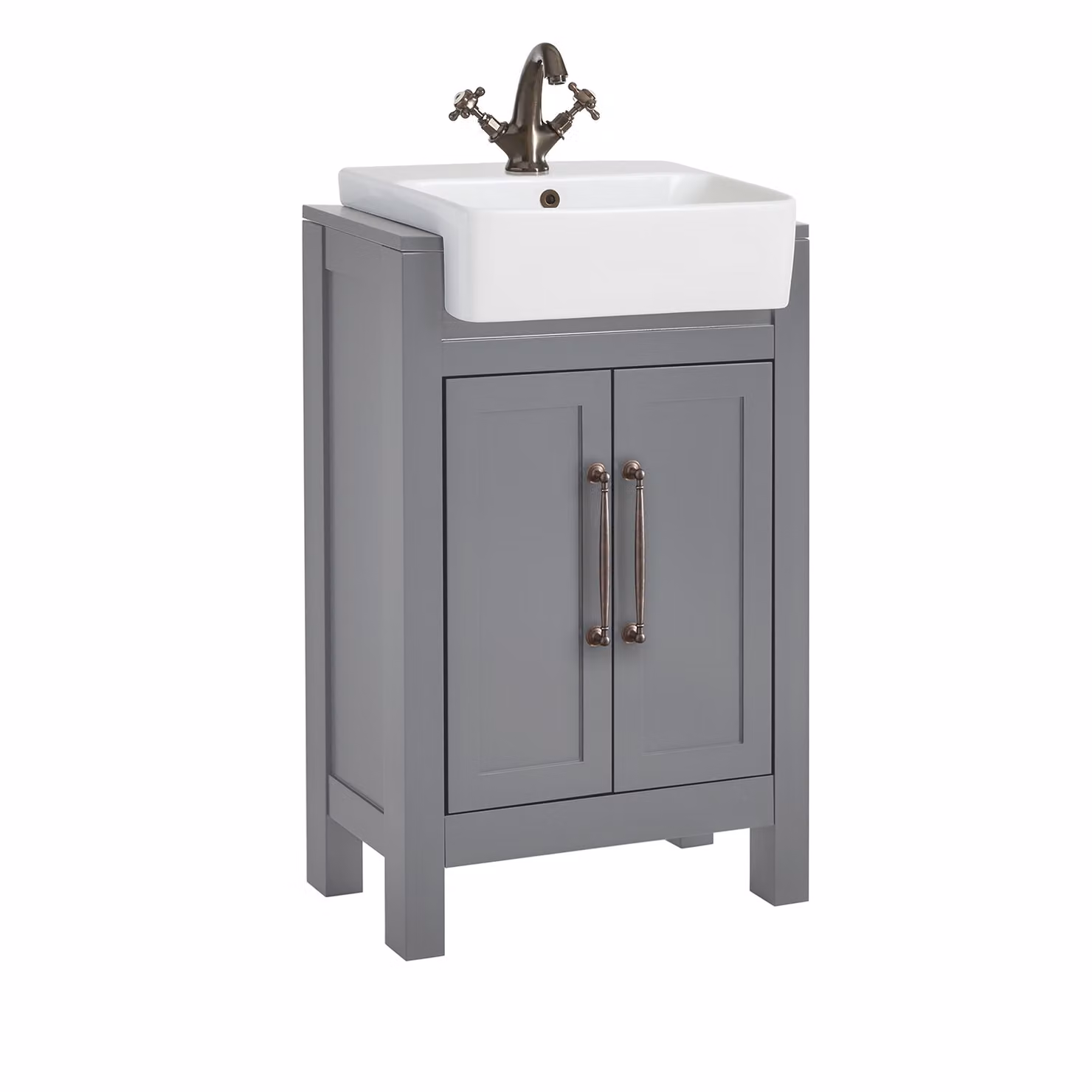 Mobile Bagno Grigio Chiaro da 550mm con Lavabo e Maniglia Classica con Barra a T in in Bronzo Spazzolato - Warwick