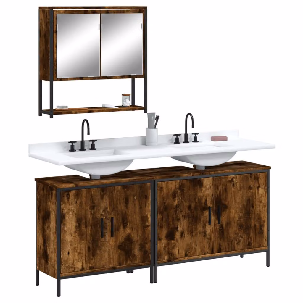 Set di mobili da bagno vidaXL 3 pezzi in legno rovere e metallo colore marrone con specchio e illuminazione LED in stile industriale