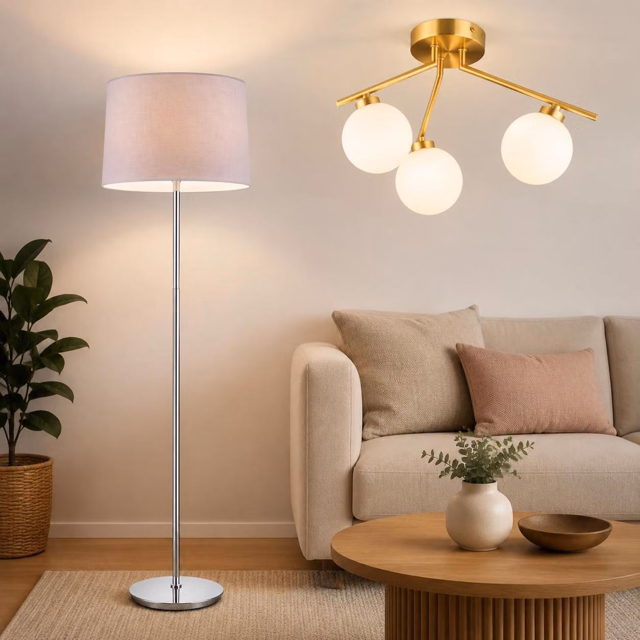 Set di lampade in stile Mid-Century (2 pezzi) – Lampada da terra con paralume in tessuto e lampada da soffitto Sputnik a 3 bracci