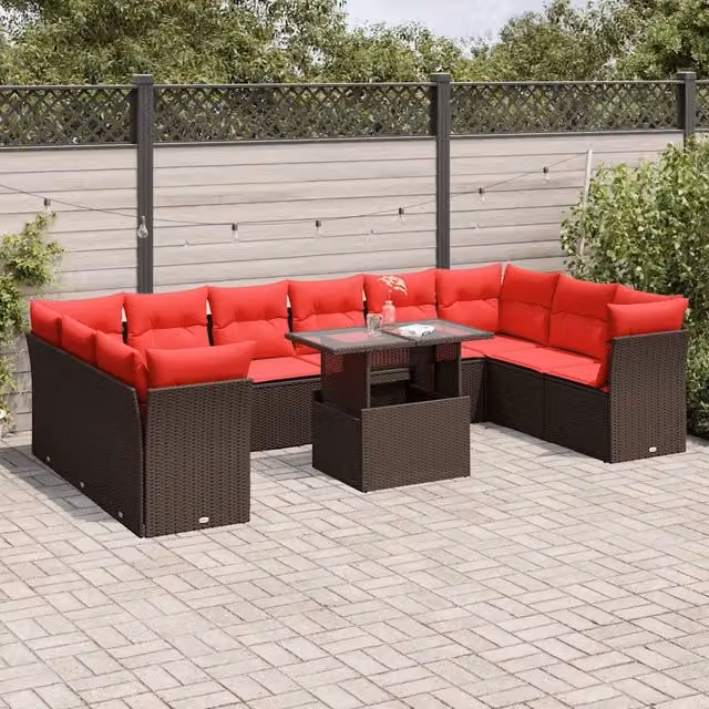 Set Divani da Giardino 11 pz con Cuscini Marrone in Polyrattan 3266864