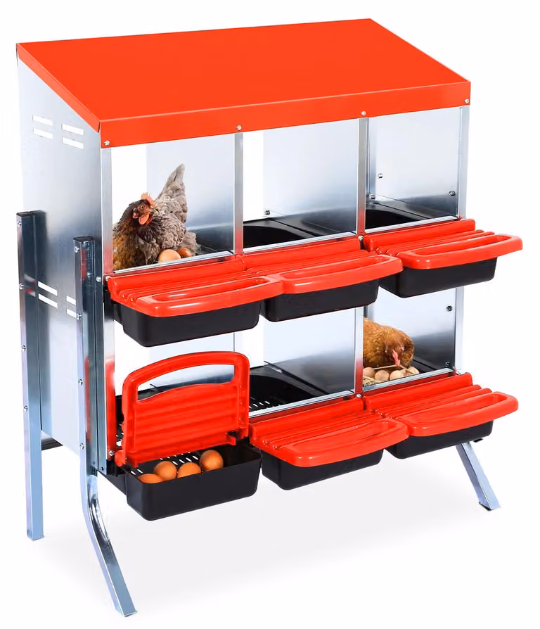 Nido per galline in metallo - Gabbia nido per 6 galline con supporto - Acciaio zincato - Vaschetta estraibile - Fondo inclinato per una facile raccolta delle uova - Colore: rosso