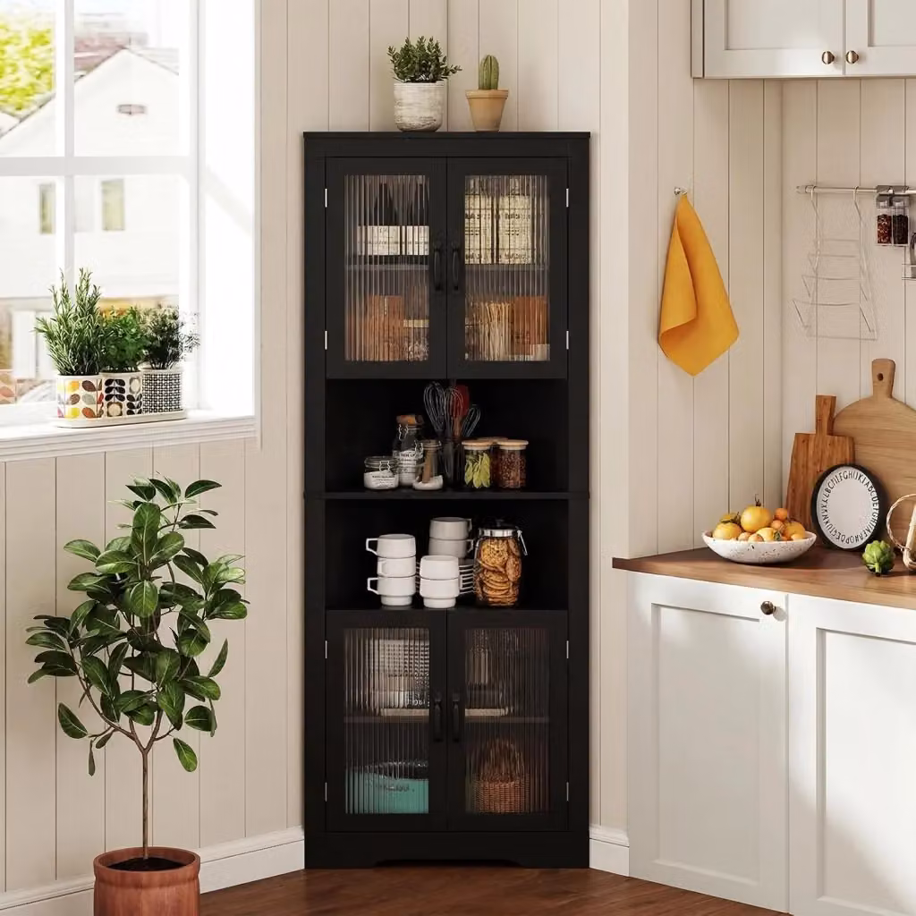 Armadio Angolare Costway Nero con 4 Ante in Vetro Temperato e Ripiani Interni, L/P/H: 66 x 35 x 171 cm – 2