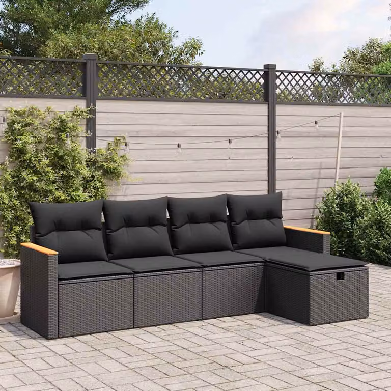 vidaXL Set Divani da Giardino a L 5 Pezzi in Polyrattan Nero con Cuscini e Struttura in Acciaio