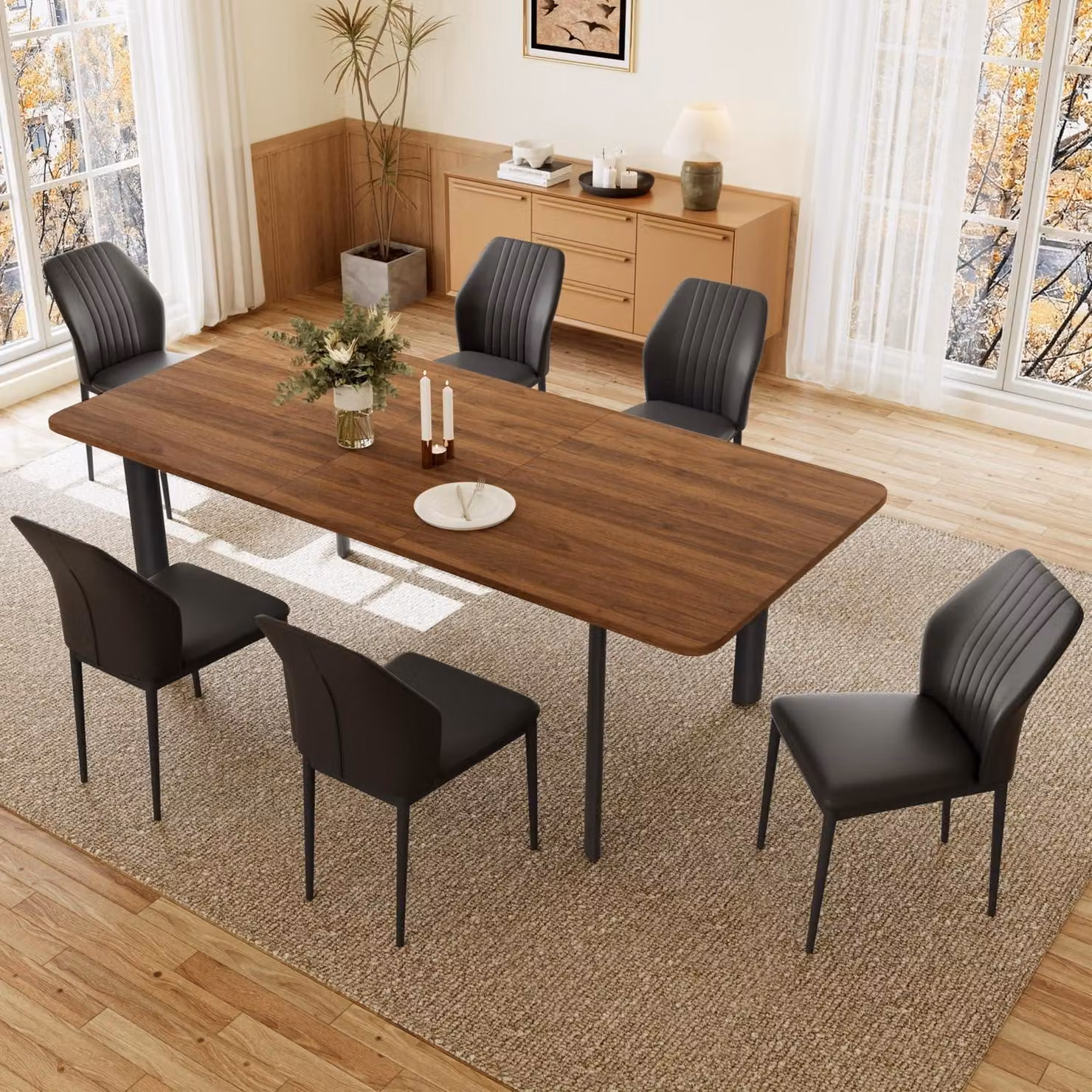 Tavolo allungabile con 6 sedie, finitura noce/nero, dimensioni 160-200 cm, struttura in MDF