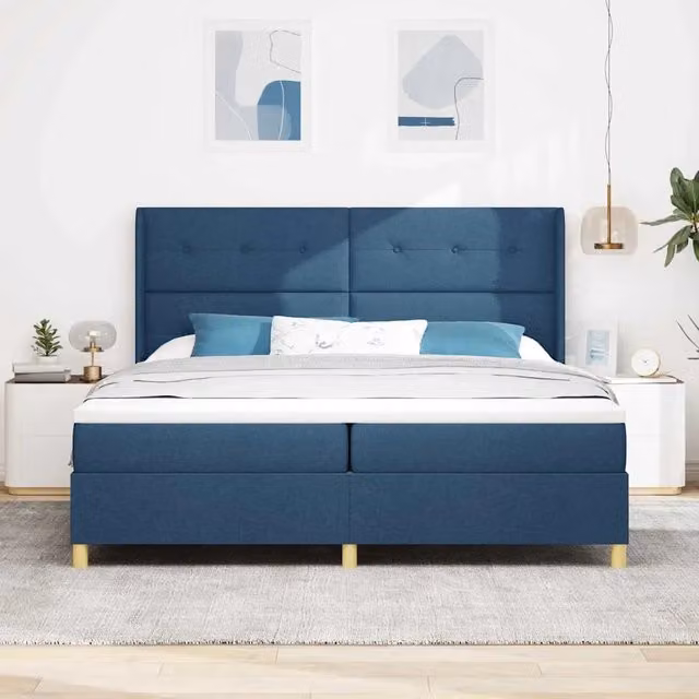 Letto a molle moderno vidaXL con testiera imbottita in tessuto blu e dettagli oro, L/P/H: 200 x 200 x 280 cm