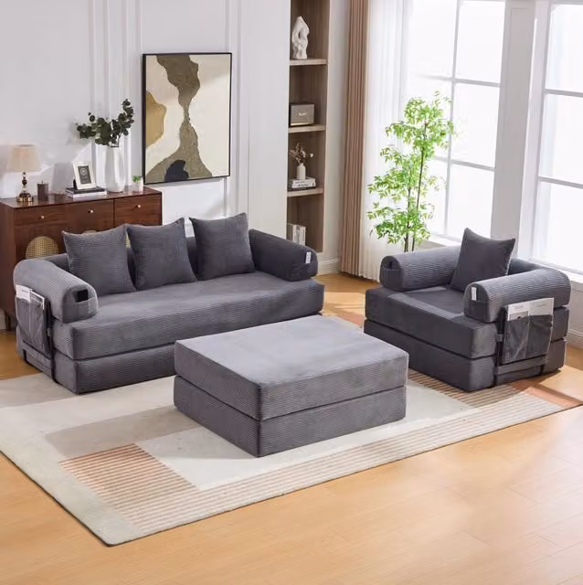 Divano modulare MODFU in velluto a coste grigio con pouf e cuscini coordinati, struttura in metallo, L 200 x P 94 x H 67 cm