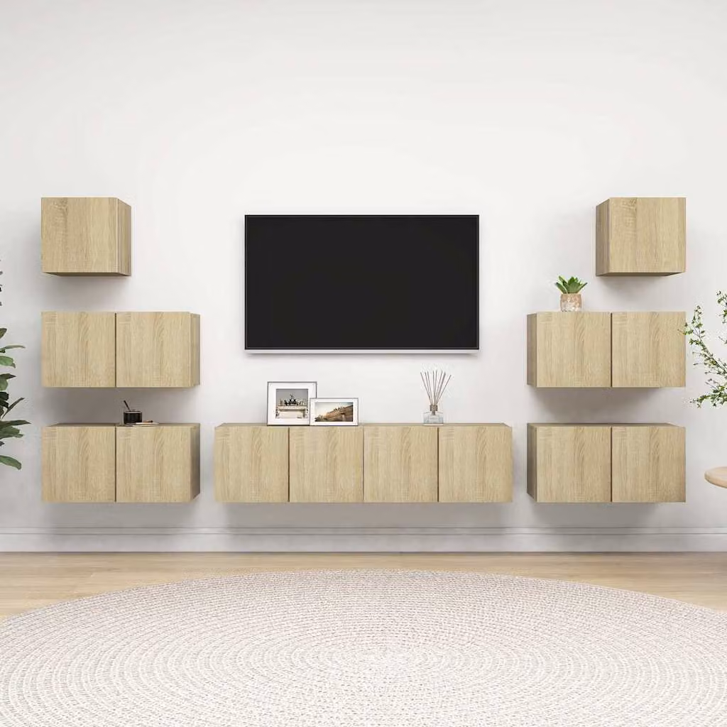 Set di mobili porta TV moderno vidaXL composto da 8 pezzi in legno multistrato e MDF, colore rovere sonoma beige e marrone