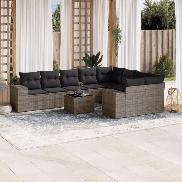 vidaXL Set Divano da Giardino a L 10 pz in Polyrattan Grigio con Cuscini e Tavolino da Caffè