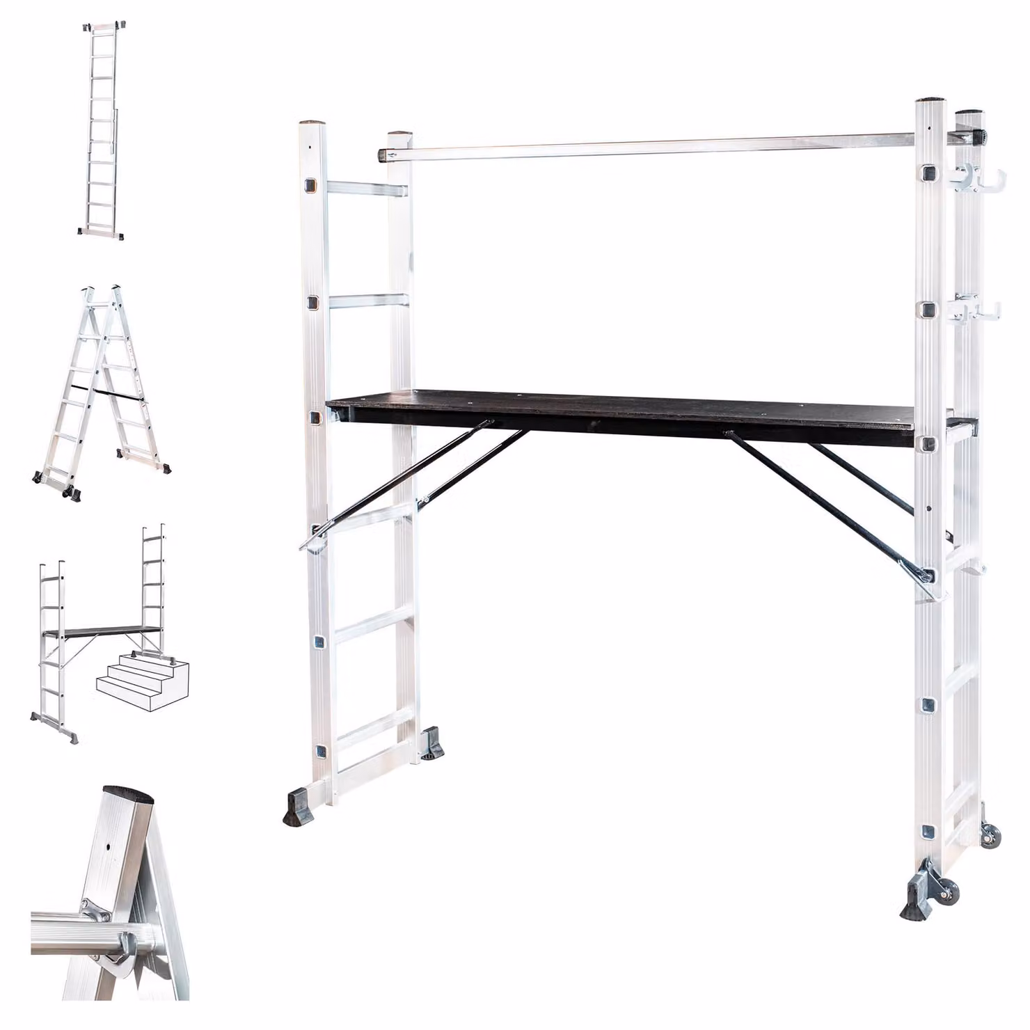 Scala pieghevole multifunzione 4 in 1 - Alluminio - Altezza 4,46 metri - Argento