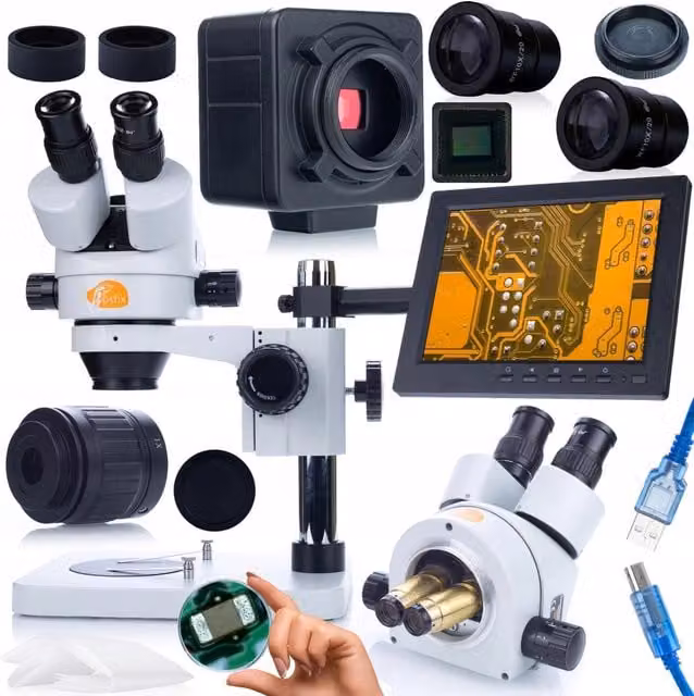 Set Microscopio Avanzato Mercury Pro Rosfix con Telecamera, Supporto Display e Schermo 8 pollici, Zoom 7x-45x e Testa Trinoculare, Colore Bianco