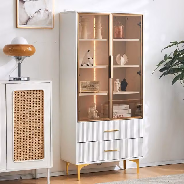 Vetrina con 2 ante in vetro 2 cassetti e LED multicolore ripiani regolabili in truciolare bianca 70 × 35 × 150 cm