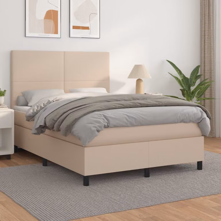 vidaXL Letto con Giroletto a Molle e Materasso Ibrido in Similpelle Colore Cappuccino L/P/H: 190 x 140 x 45 cm