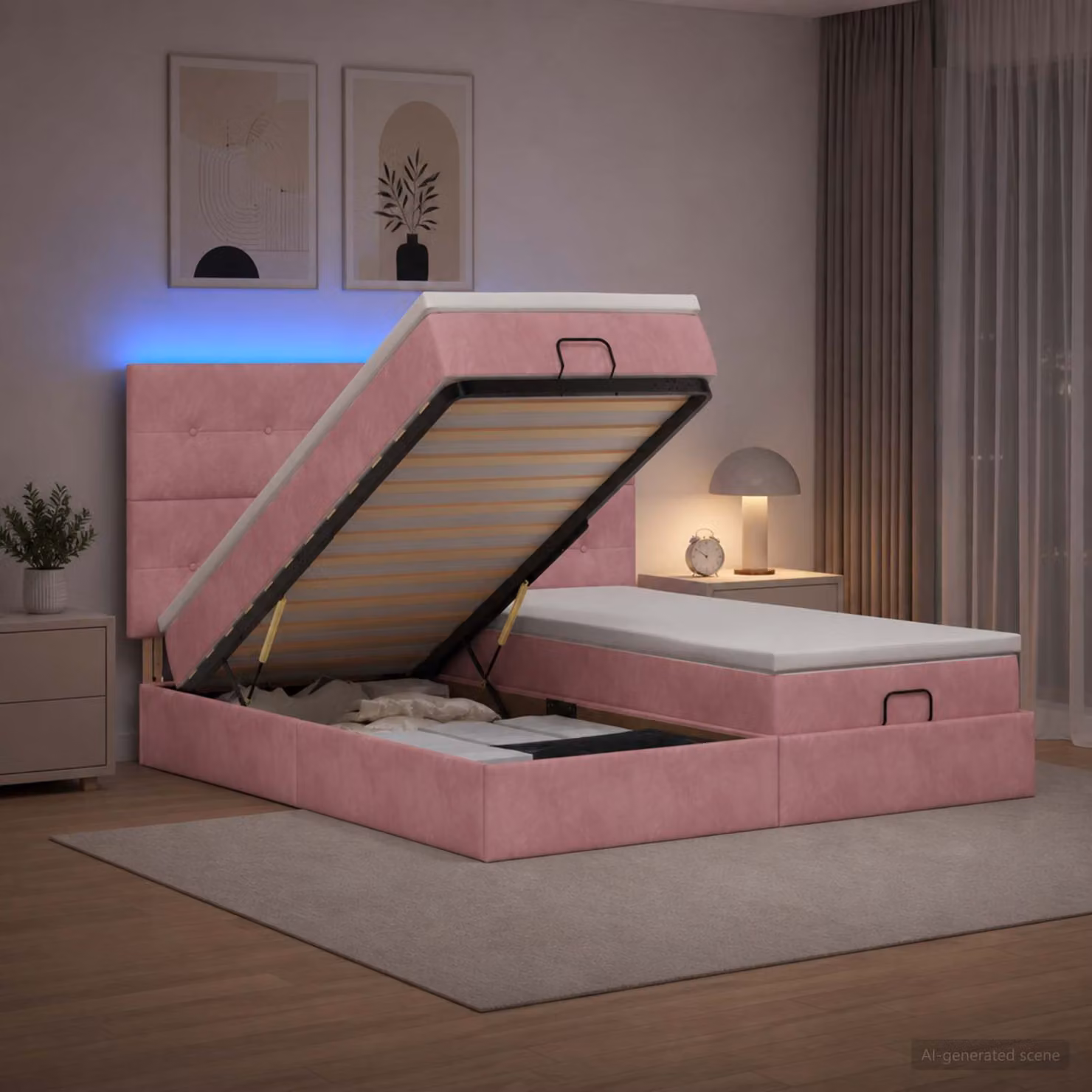 Letto Ottomano con Materasso vidaXL in Velluto Rosa con Illuminazione LED e Porte USB L/P: 160 x 200 cm
