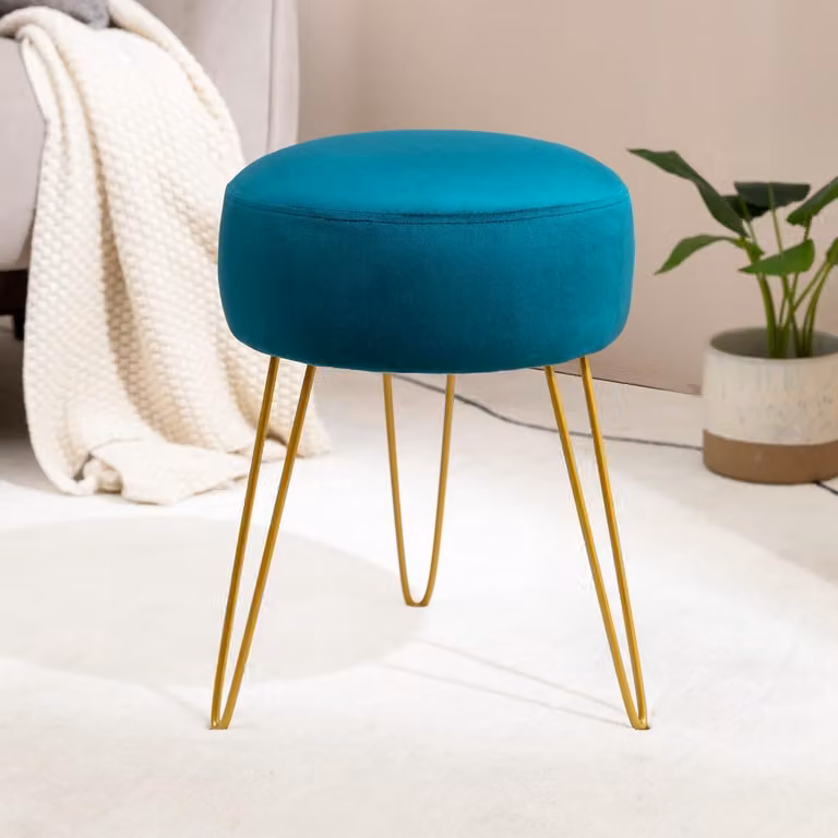 Pouf rotondo in velluto, con seduta imbottita, color turchese, gambe in metallo, ideale per un tavolino da trucco