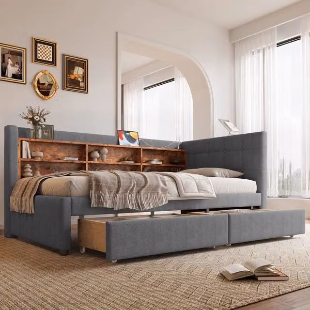 Letto da giorno 90 x 200 cm, divano letto, 2 cassetti, USB + Tipo C, ripiani, rete a doghe, senza materasso, lino - Grigio