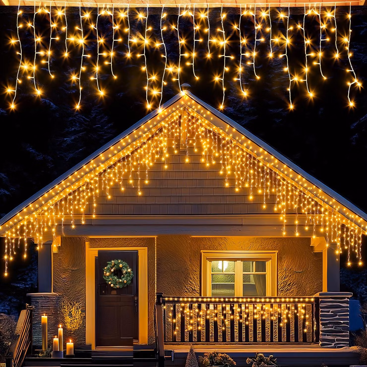 Catena luminosa a forma di ghiacciolo, 10 metri, 400 LED bianco caldo, per uso esterno