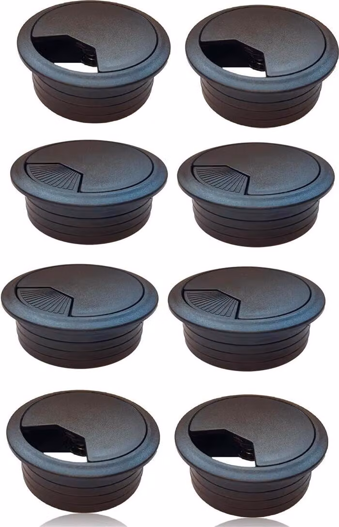 set di 8 passacavi da scrivania 60 mm - colore [nero] - uscita cavi con guarnizione antipolvere per varie scrivanie e piani di lavoro per ufficio | scatola rotonda per cavi in plastica ABS | uscita cavi