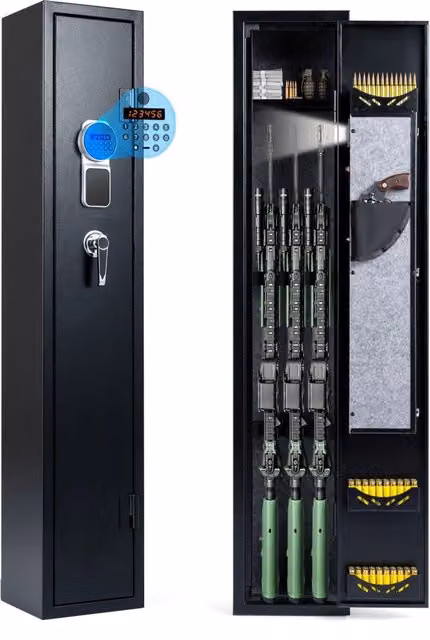 Cassaforte metallica per armi con serratura elettronica, luci LED interne e vano per munizioni, colore nero, H: 132 cm, L: 53 cm, P: 25 cm