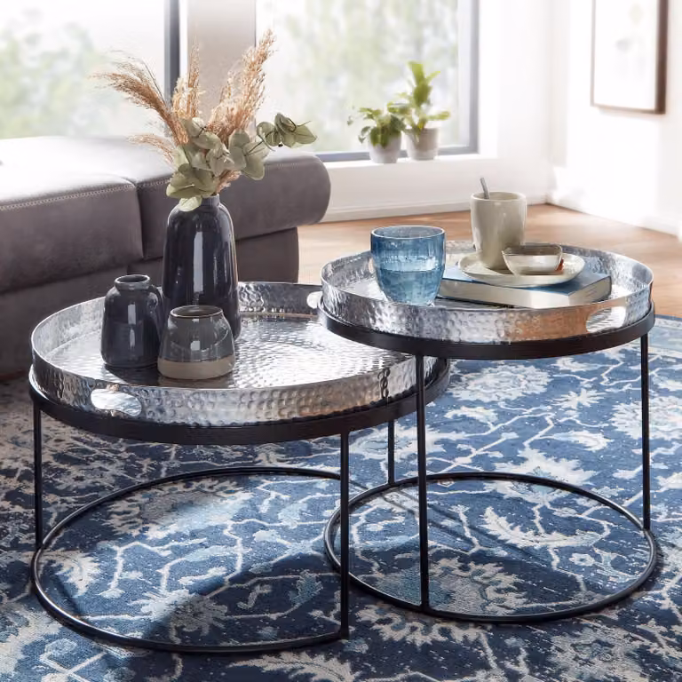 FineBuy, set di 2 tavolini in metallo argentato effetto martellato, tavolino rotondo, tavolino da divano con vassoio removibile, tavolino da divano, set da 2, tavolino rotondo supplementare