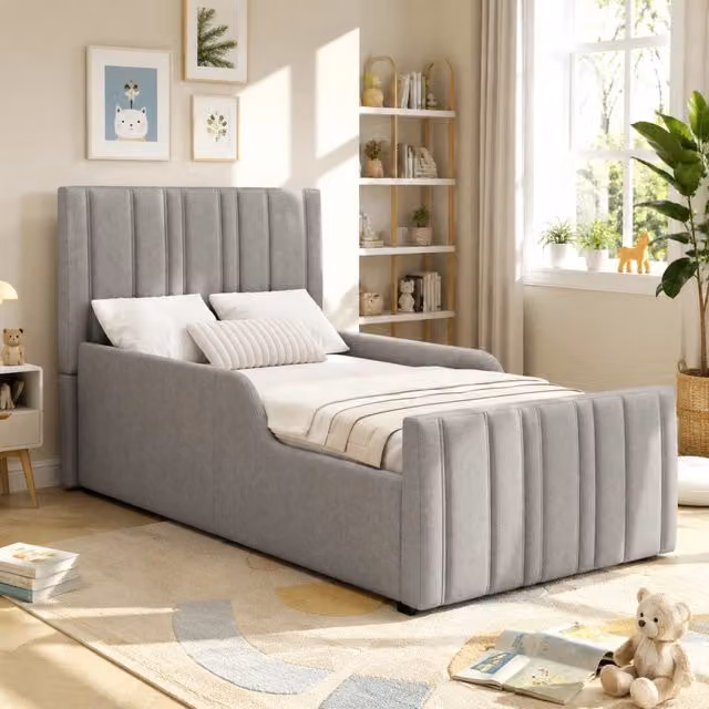 Letto imbottito 90x200 cm con contenitore e testiera trapuntata in lino grigio