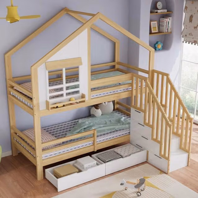 Letto a castello per bambini 90x200 cm con 2 cassetti; scala con corrimano; bianco e naturale