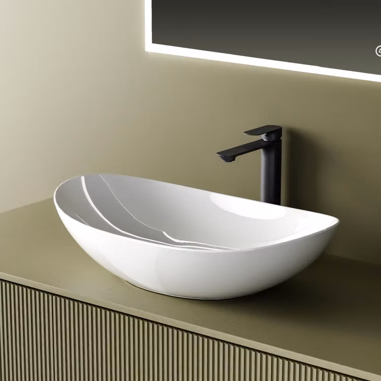 Lavabo ovale EMKE, dimensioni 61,9 x 36 x 15,7 cm, bianco lucido