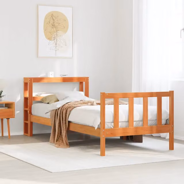 Giroletto con Testiera-Struttura Letto con testiera Marrone Cera 100x200 cm Massello Pino 858285