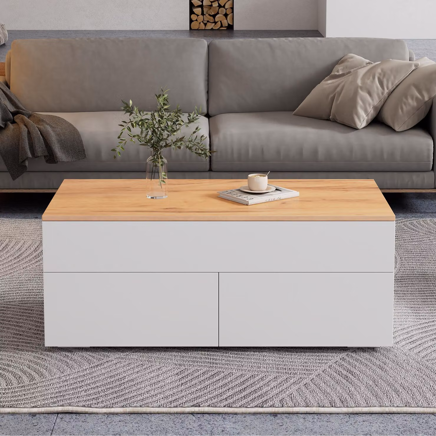 Tavolino da salotto moderno regolabile in altezza con meccanismo lift, bianco, L: 100 cm, P: 50 cm, H: 40 cm – 2